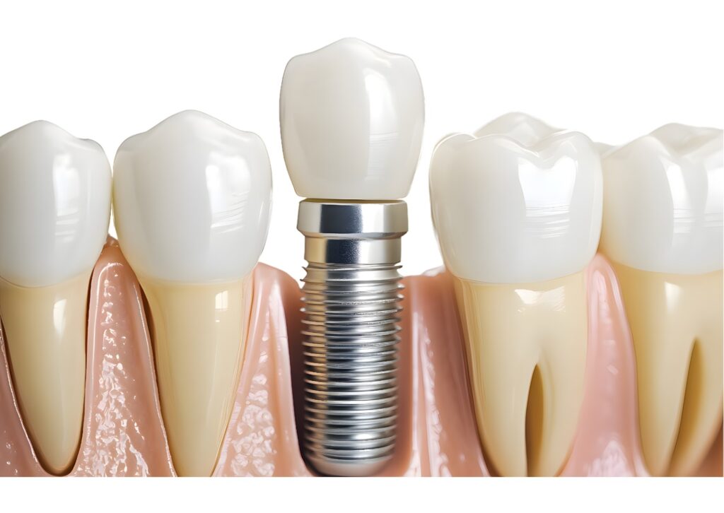 Close-up illustration of a dental implant replacing a missing tooth in the jawbone