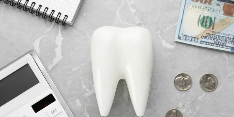 Tooth model beside calculator and cash representing the cost of dental implants and dental care expenses